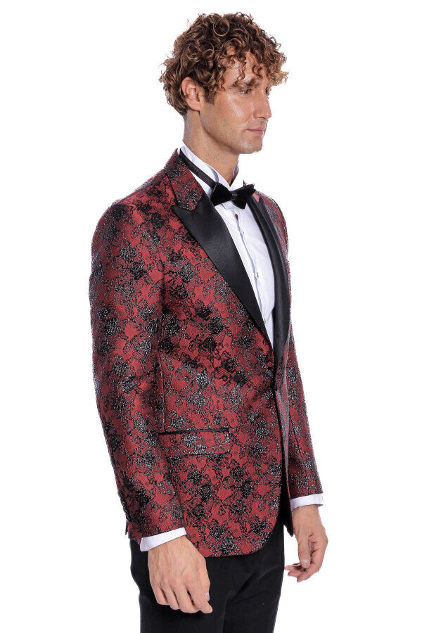 Floral Patterned Slim Fit Burgundy Men Prom Blazer - Wessi