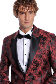 Floral Patterned Slim Fit Burgundy Men Prom Blazer - Wessi