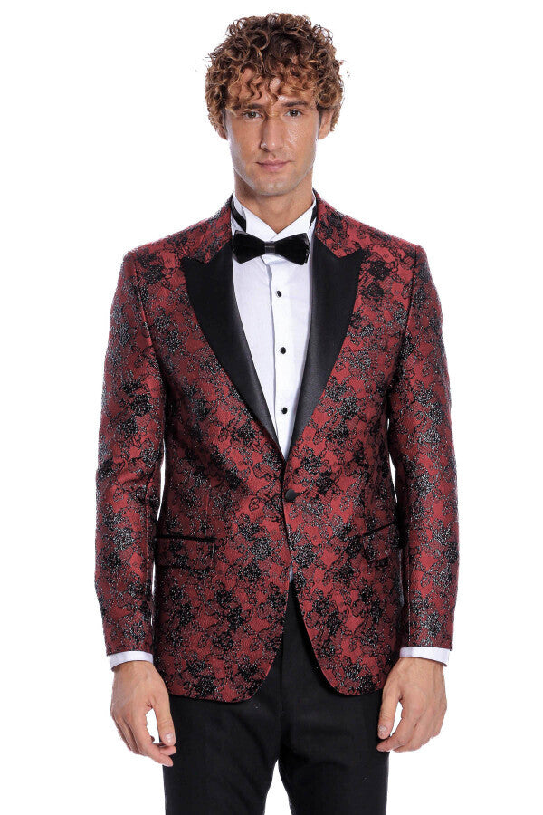 Floral Patterned Slim Fit Burgundy Men Prom Blazer - Wessi