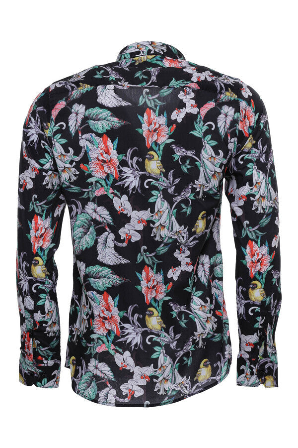 Floral Patterned Slim Fit Long Sleeves Black Men Shirt - Wessi