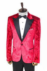 Floral Patterned Velvet Burgundy Men Prom Blazer - Wessi