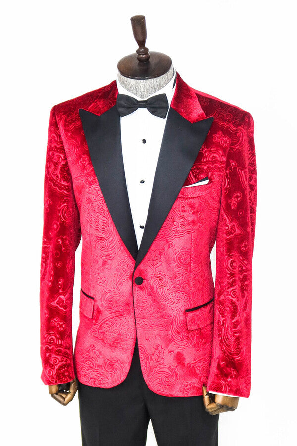 Floral Patterned Velvet Burgundy Men Prom Blazer - Wessi