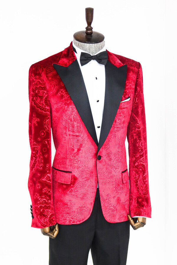 Floral Patterned Velvet Burgundy Men Prom Blazer - Wessi