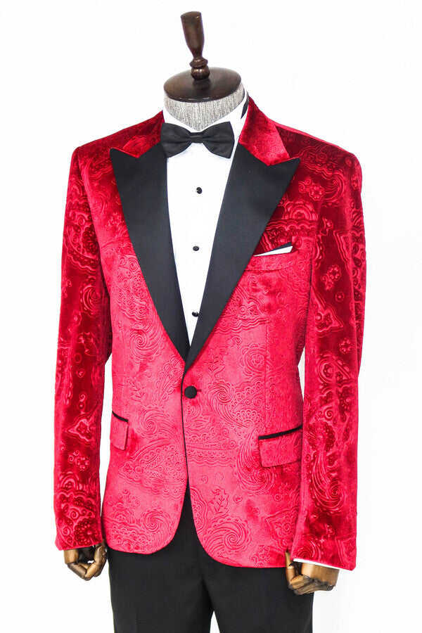 Floral Patterned Velvet Burgundy Men Prom Blazer - Wessi