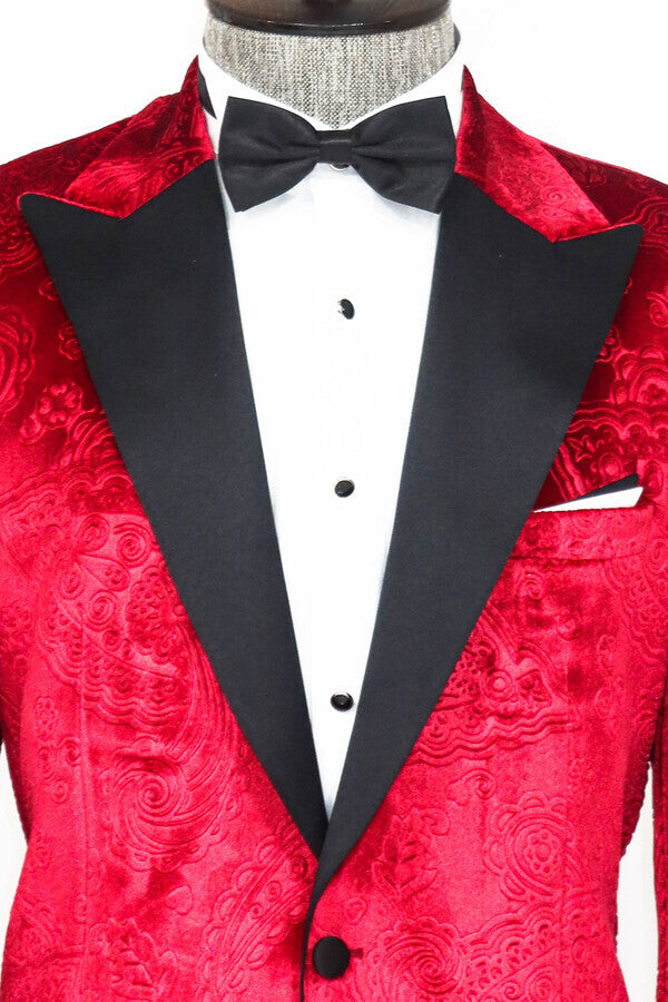 Floral Patterned Velvet Burgundy Men Prom Blazer - Wessi