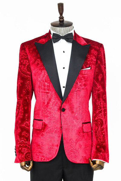 Floral Patterned Velvet Burgundy Men Prom Blazer - Wessi