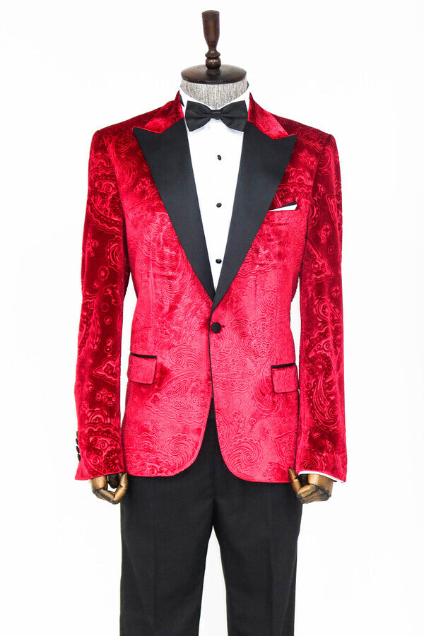 Floral Patterned Velvet Burgundy Men Prom Blazer - Wessi