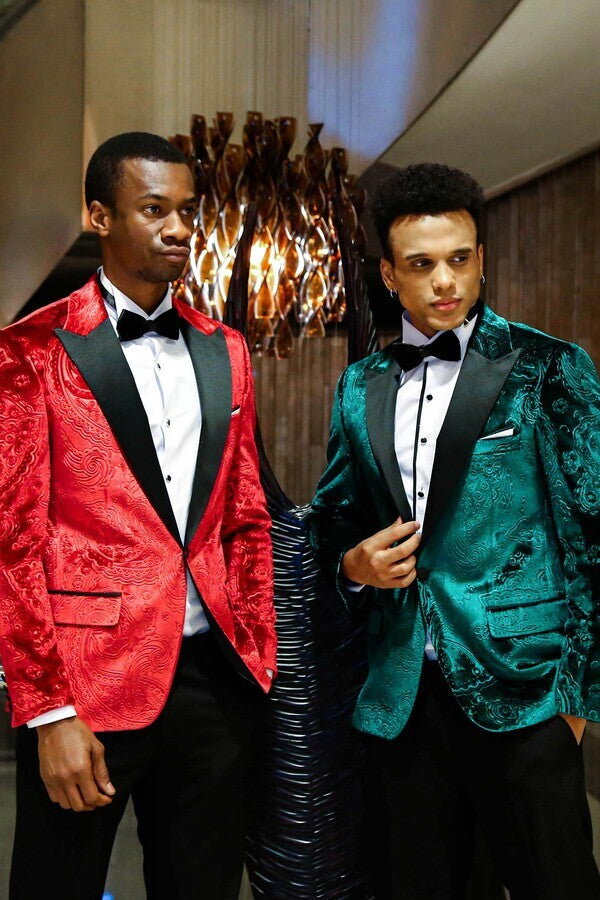 Floral Patterned Velvet Burgundy Men Prom Blazer - Wessi