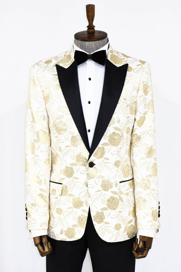 Floral Patterned White Men Prom Blazer - Wessi