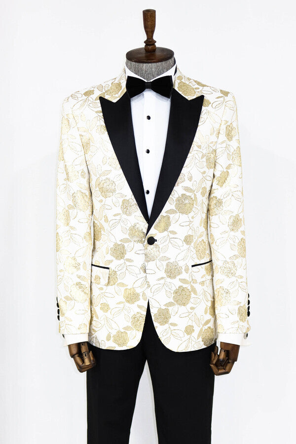 Floral Patterned White Men Prom Blazer - Wessi