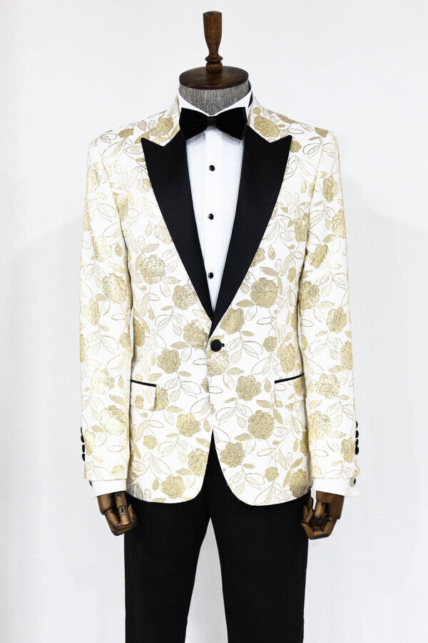 Floral Patterned White Men Prom Blazer - Wessi