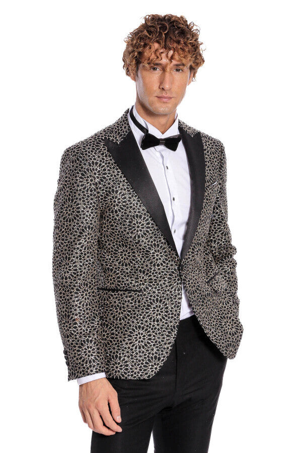 Flower Embroidered Pattern Black Men Prom Blazer - Wessi