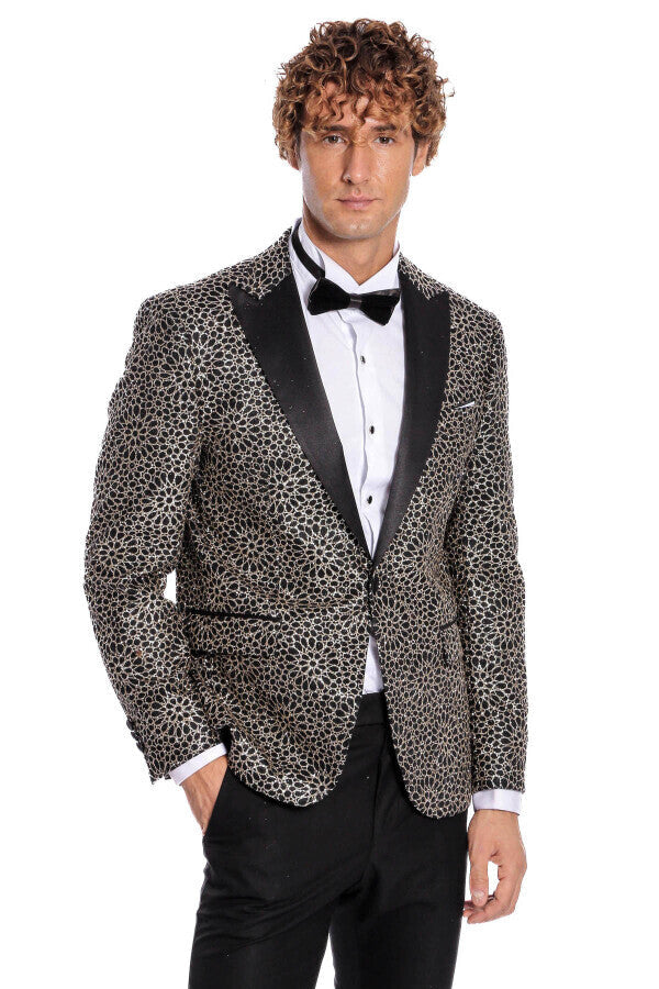 Flower Embroidered Pattern Black Men Prom Blazer - Wessi