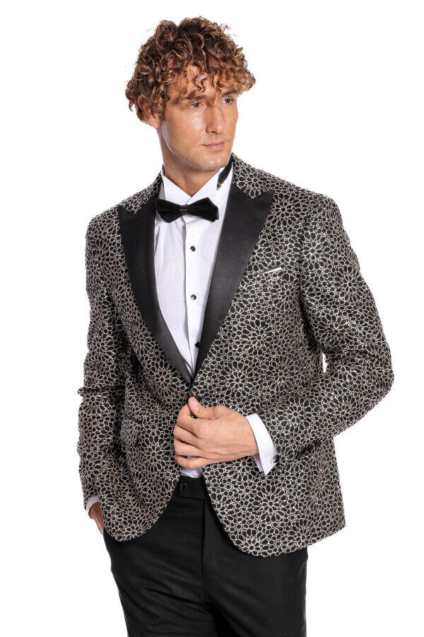 Flower Embroidered Pattern Black Men Prom Blazer - Wessi