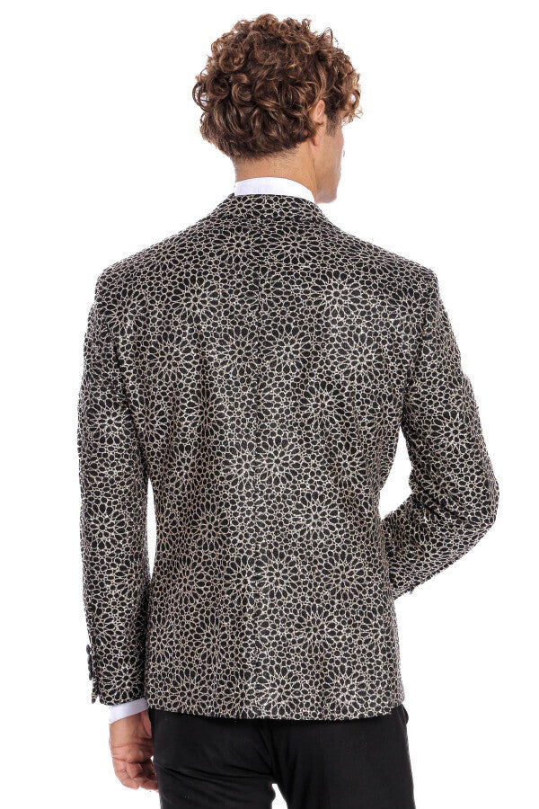 Flower Embroidered Pattern Black Men Prom Blazer - Wessi