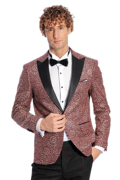 Flower Embroidered Pattern Burgundy Men Prom Blazer - Wessi