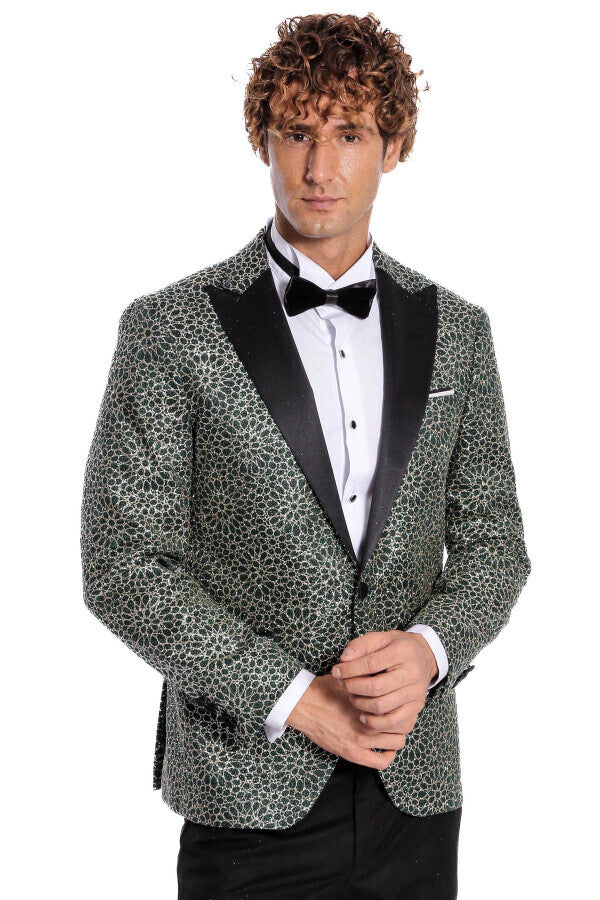 Flower Embroidered Pattern Green Men Prom Blazer - Wessi