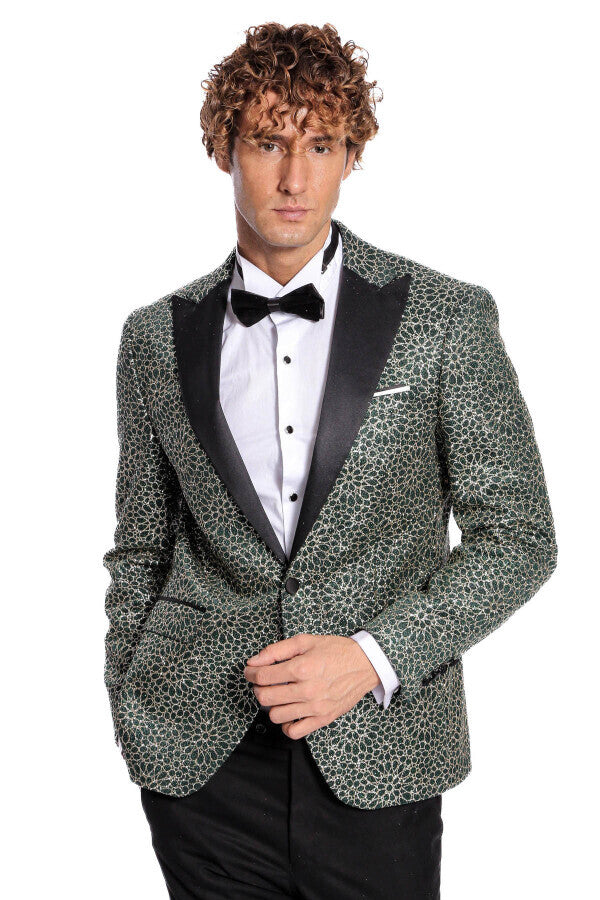 Flower Embroidered Pattern Green Men Prom Blazer - Wessi