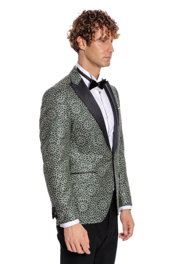 Flower Embroidered Pattern Green Men Prom Blazer - Wessi