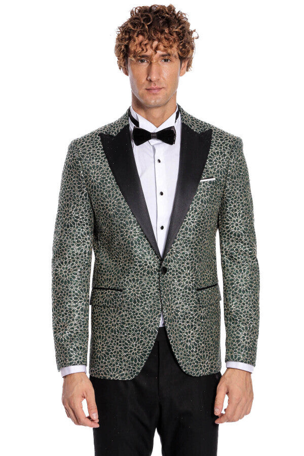 Flower Embroidered Pattern Green Men Prom Blazer - Wessi