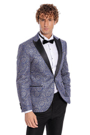 Flower Embroidered Pattern Navy Blue Men Prom Blazer - Wessi