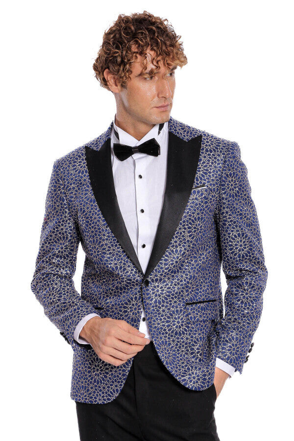 Flower Embroidered Pattern Navy Blue Men Prom Blazer - Wessi