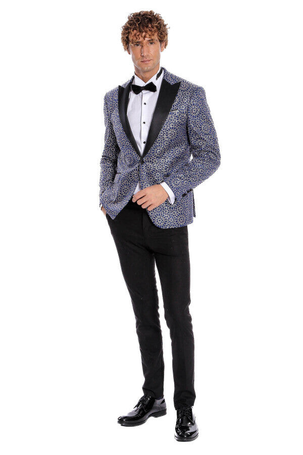 Flower Embroidered Pattern Navy Blue Men Prom Blazer - Wessi