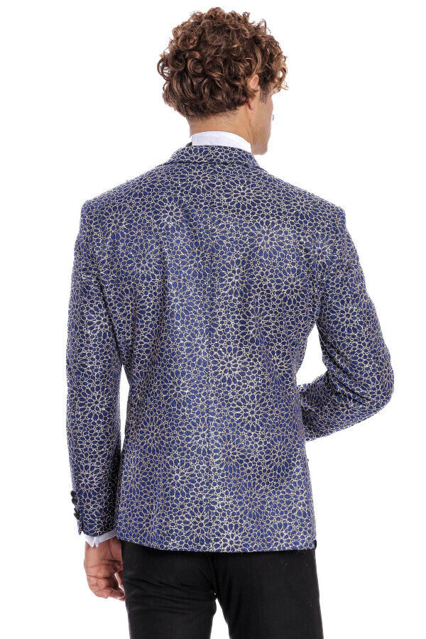 Flower Embroidered Pattern Navy Blue Men Prom Blazer - Wessi