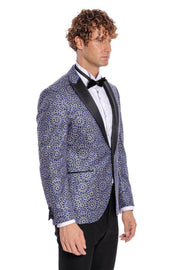 Flower Embroidered Pattern Navy Blue Men Prom Blazer - Wessi