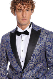 Flower Embroidered Pattern Navy Blue Men Prom Blazer - Wessi