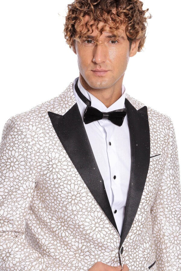 Flower Embroidered Pattern White Men Prom Blazer - Wessi