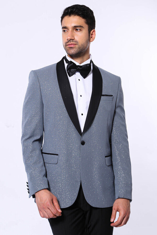 Smoked Shawl Lapel Sparkly Anthracite Tuxedo Jacket - Wessi