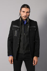 Fur Collar 4 Pockets Black Men Coat - Wessi