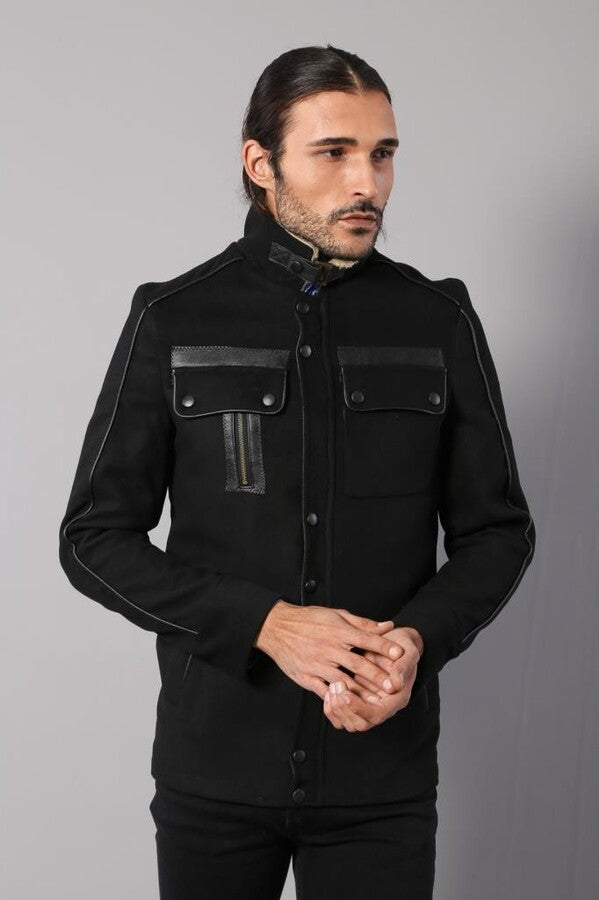 Fur Collar 4 Pockets Black Men Coat - Wessi