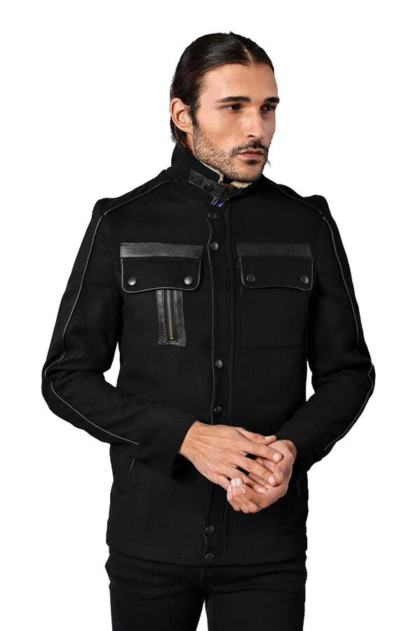 Fur Collar 4 Pockets Black Men Coat - Wessi