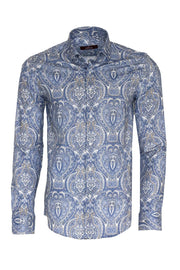 Blue Damask Pattern Slim Fit Shirt - Wessi