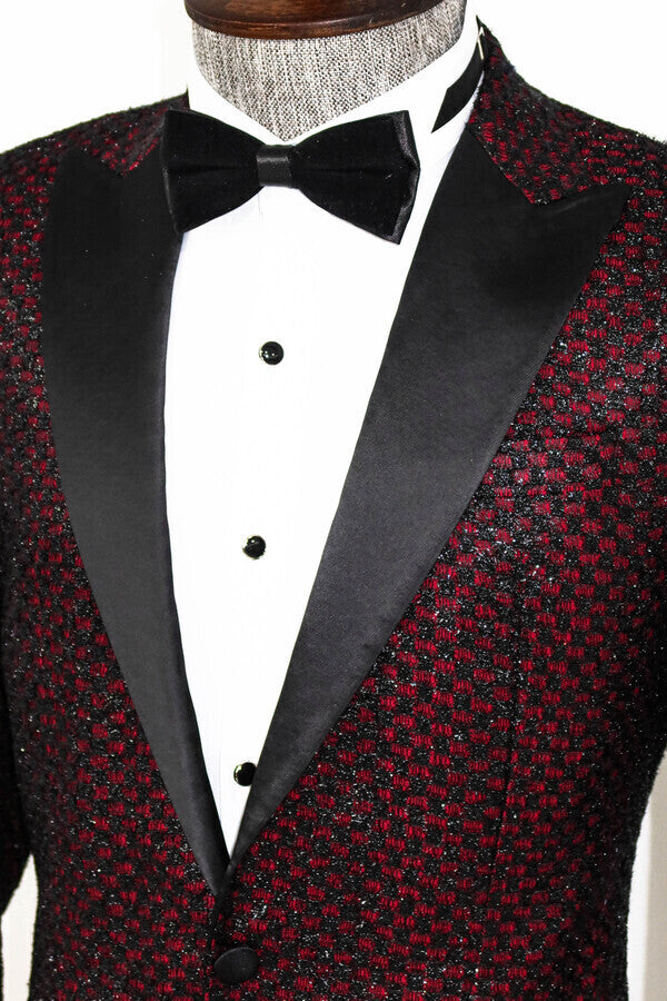 Gingham Patterned Glittery Burgundy Men Prom Blazer - Wessi