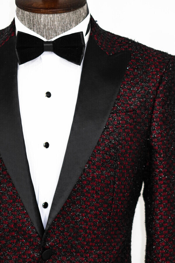 Gingham Patterned Glittery Burgundy Men Prom Blazer - Wessi