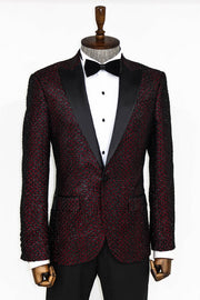 Gingham Patterned Glittery Burgundy Men Prom Blazer - Wessi