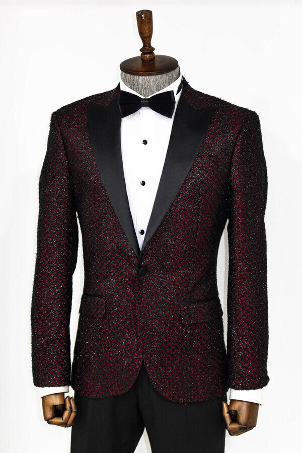 Gingham Patterned Glittery Burgundy Men Prom Blazer - Wessi