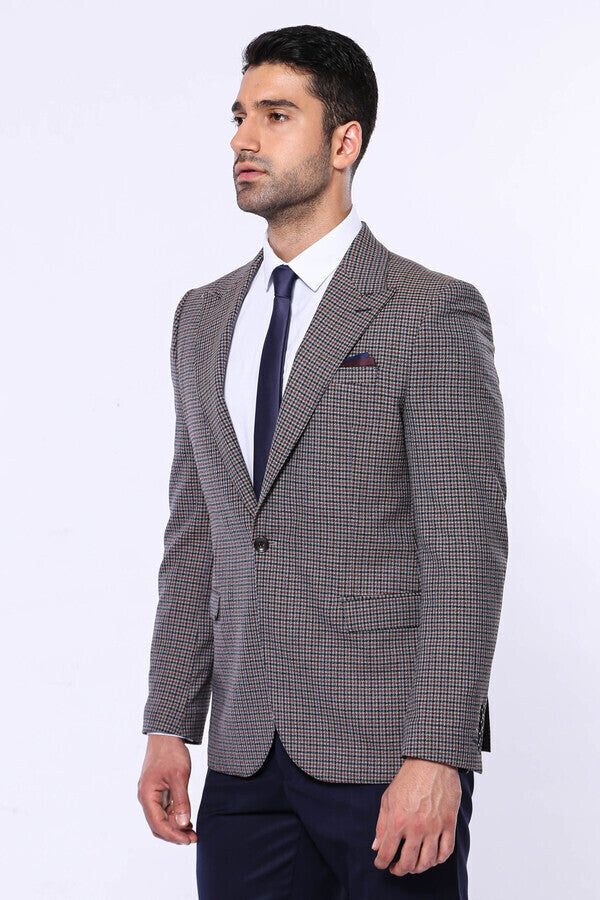 Gingham Slim Fit Brown Men Blazer - Wessi