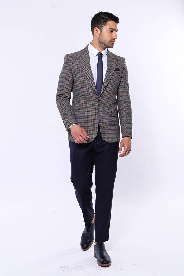 Gingham Slim Fit Brown Men Blazer - Wessi