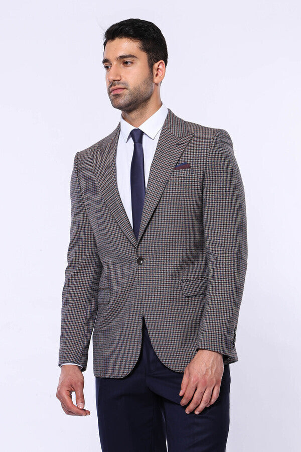 Gingham Slim Fit Brown Men Blazer - Wessi