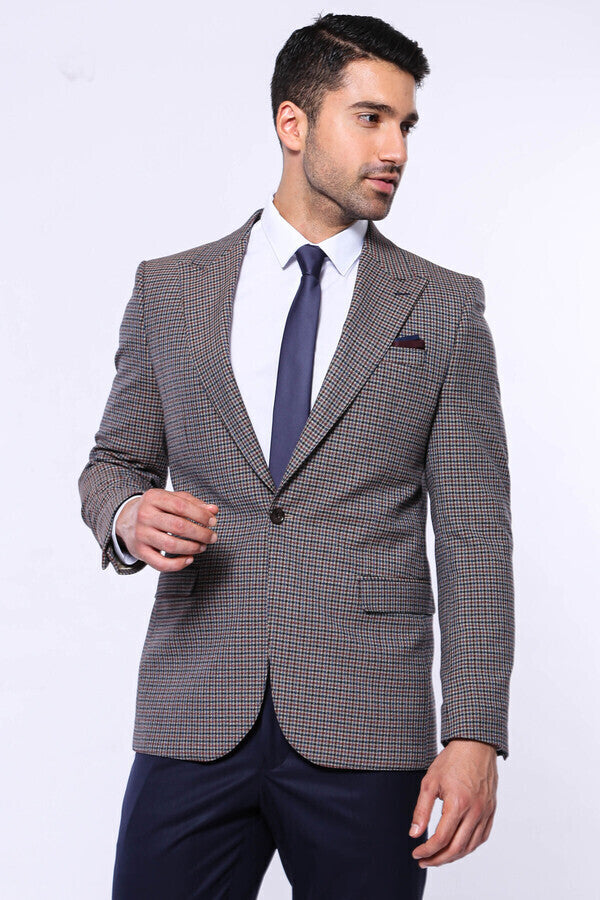 Gingham Slim Fit Brown Men Blazer - Wessi