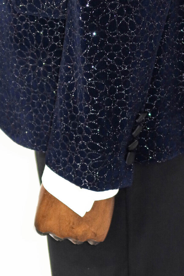 Glitter Floral Patterned Navy Blue Men Prom Blazer - Wessi