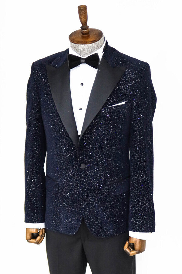 Glitter Floral Patterned Navy Blue Men Prom Blazer - Wessi