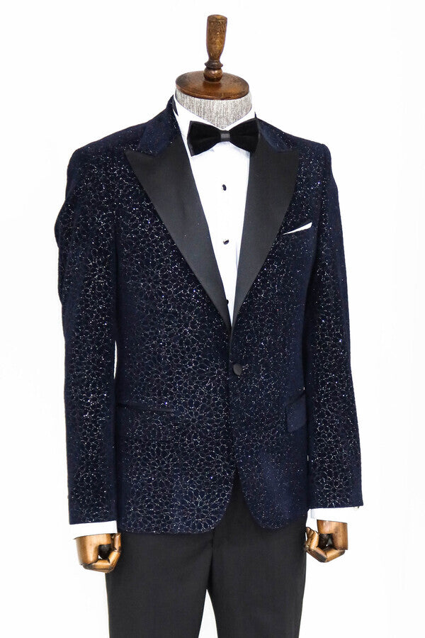 Glitter Floral Patterned Navy Blue Men Prom Blazer - Wessi