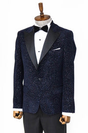 Glitter Floral Patterned Navy Blue Men Prom Blazer - Wessi