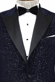 Glitter Floral Patterned Navy Blue Men Prom Blazer - Wessi