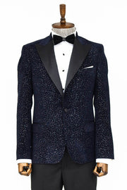 Glitter Floral Patterned Navy Blue Men Prom Blazer - Wessi